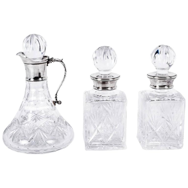 Vintage Set of Three CutGlass Decanters Silver Collars, 1990 For Sale at 1stdibs
