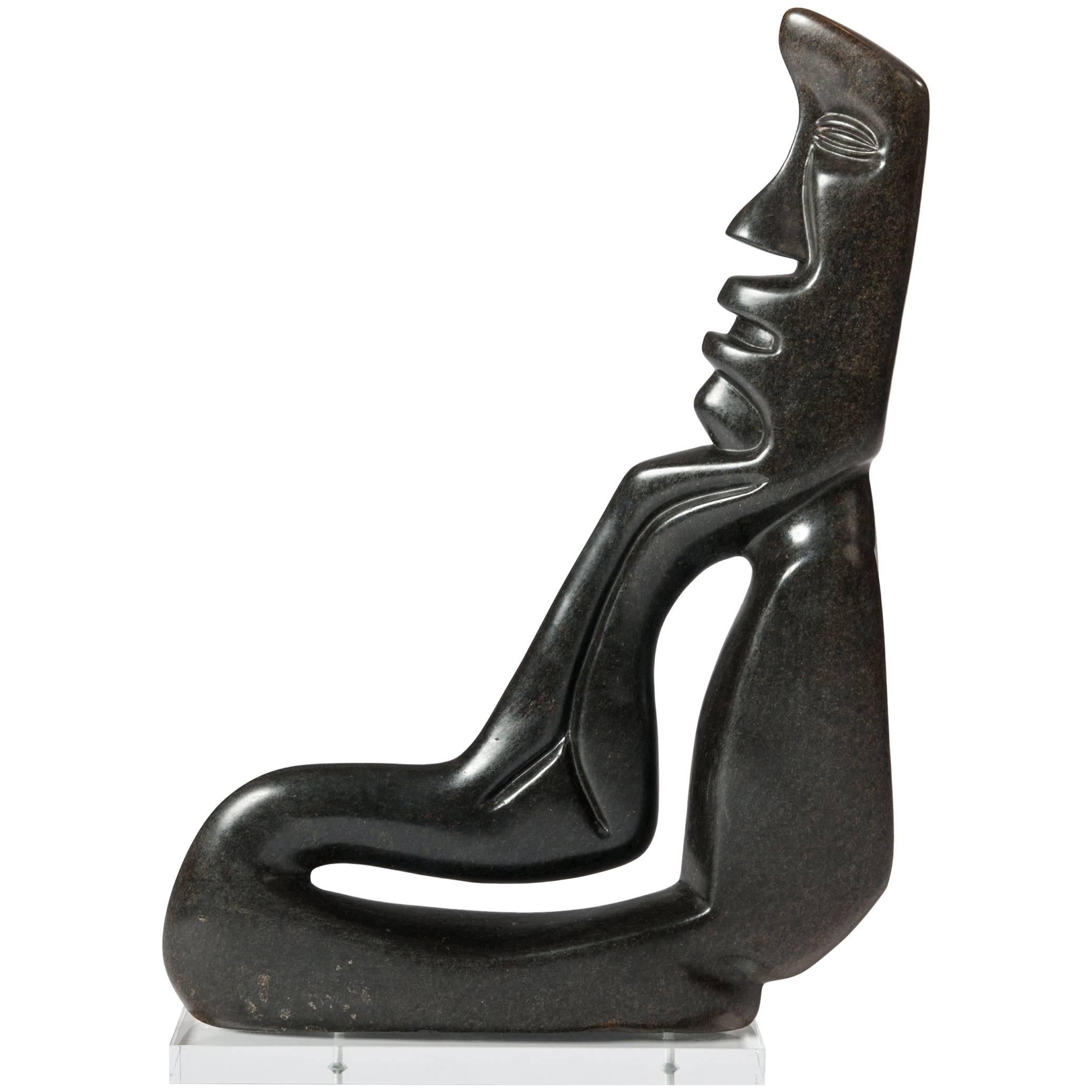 Midcentury Cubistic African Black Springstone Sculpture, Signed B. Khoreay