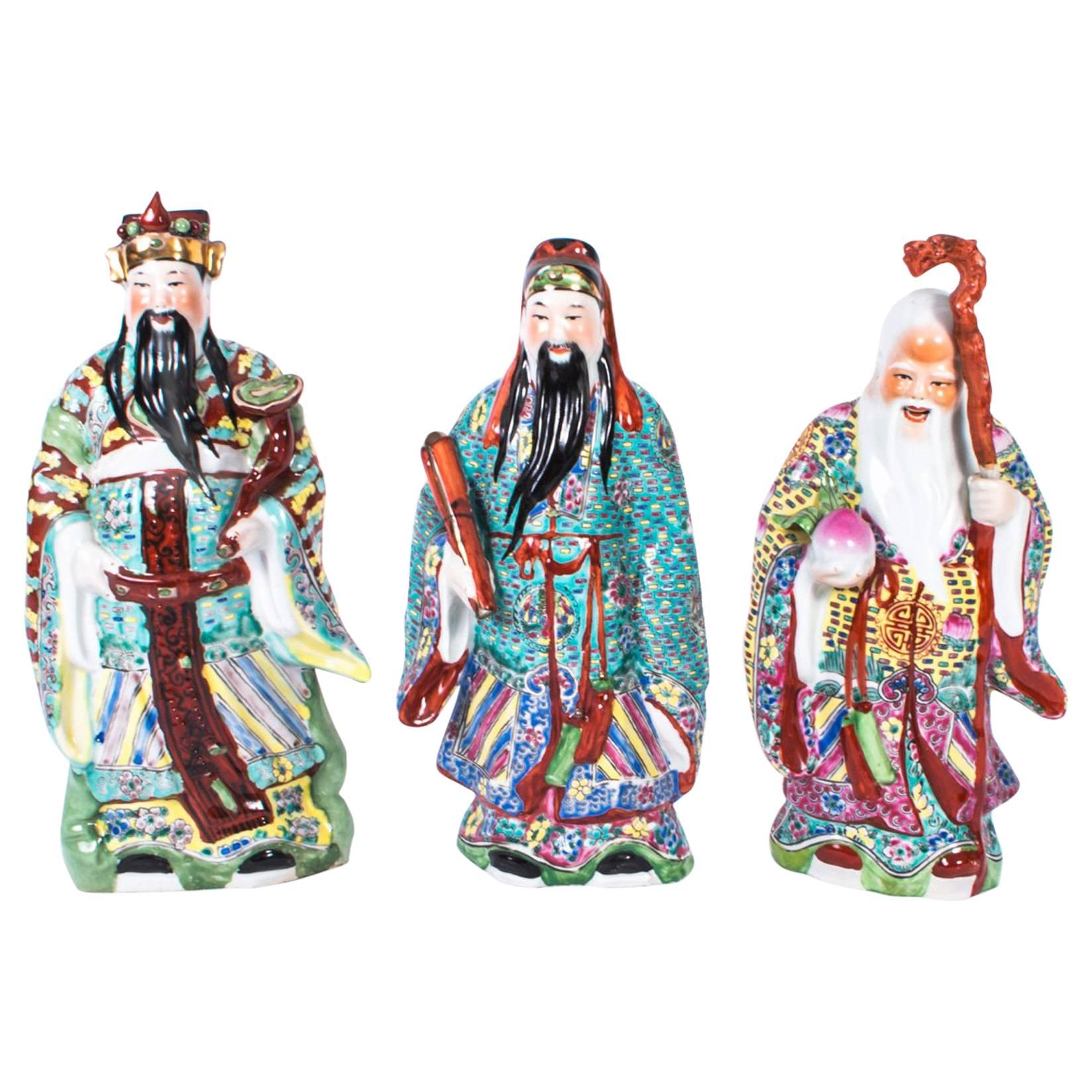 Trio of Chinese Canton Porcelain Fu Lu and Shou Figures