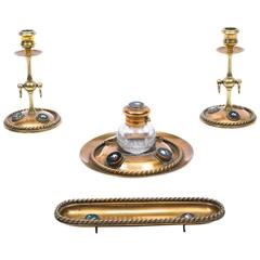 Antique Brass and Pietra Dura Mounted Desk Set, circa 1870 12
