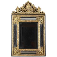 Antique 19th Century Large Mirror in Wood and Repoussé Brass in Louis XIV Style