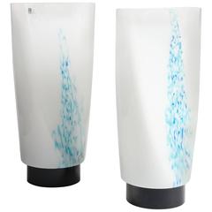 Pair of Italian Mid-Century White-Turquois Murano Glass Table Lamps Signed 7