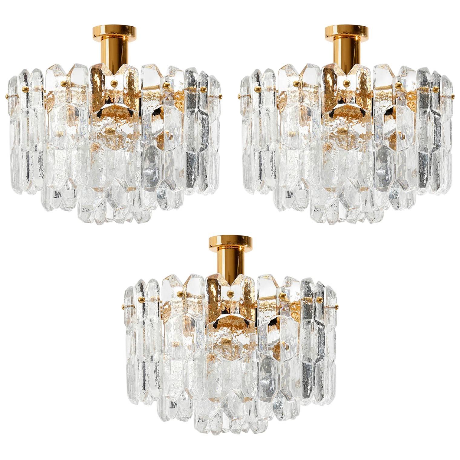 One of Three Kalmar Flush Mount Lights 'Palazzo', Gilt Brass Glass, 1970s