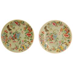 Pair of Mid-19th Century Chinese Celadon Canton Famille Rose Porcelain Plates