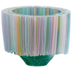 Green Blown Glass Bowl with Colorful Glass Threads by Sabine Lintzen