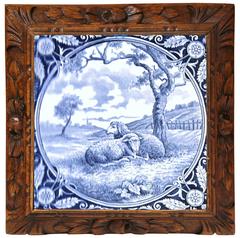 19th Century French Carved Hot Dish Tray with Blue and White Delft Plaque