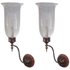 Antique Pair of 19th Century Hurricane Shade Sconces with Wheat Etching