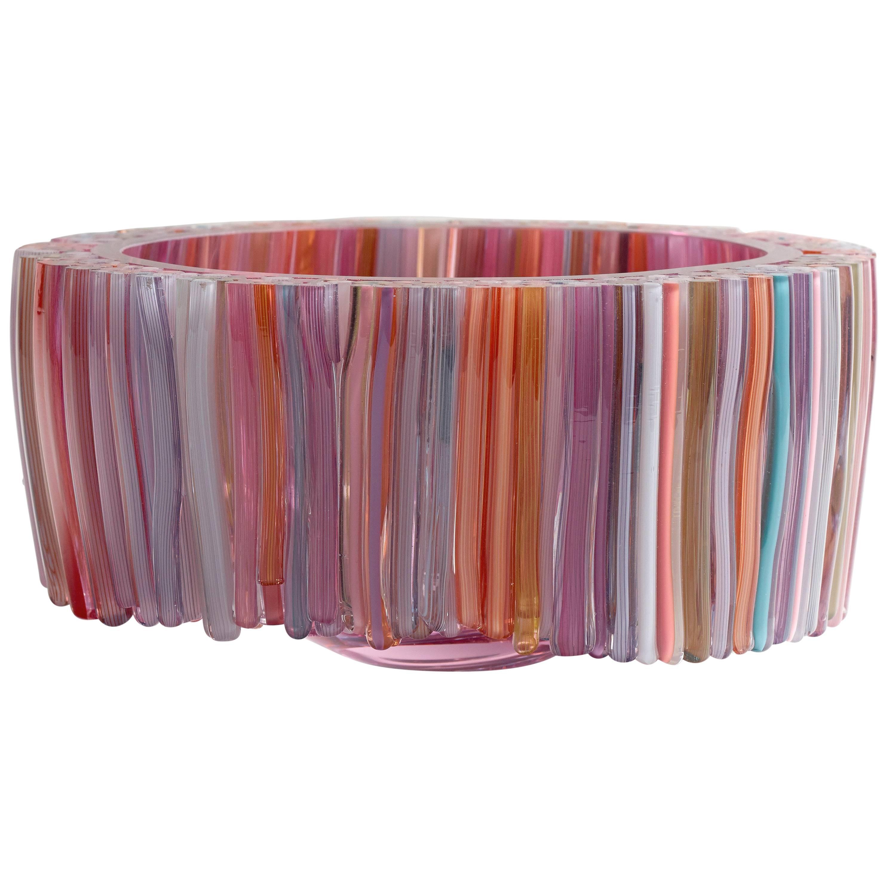 Red Blown Glass Bowl with Colorful Glass Threads on the Outside, Sabine Lintzen For Sale