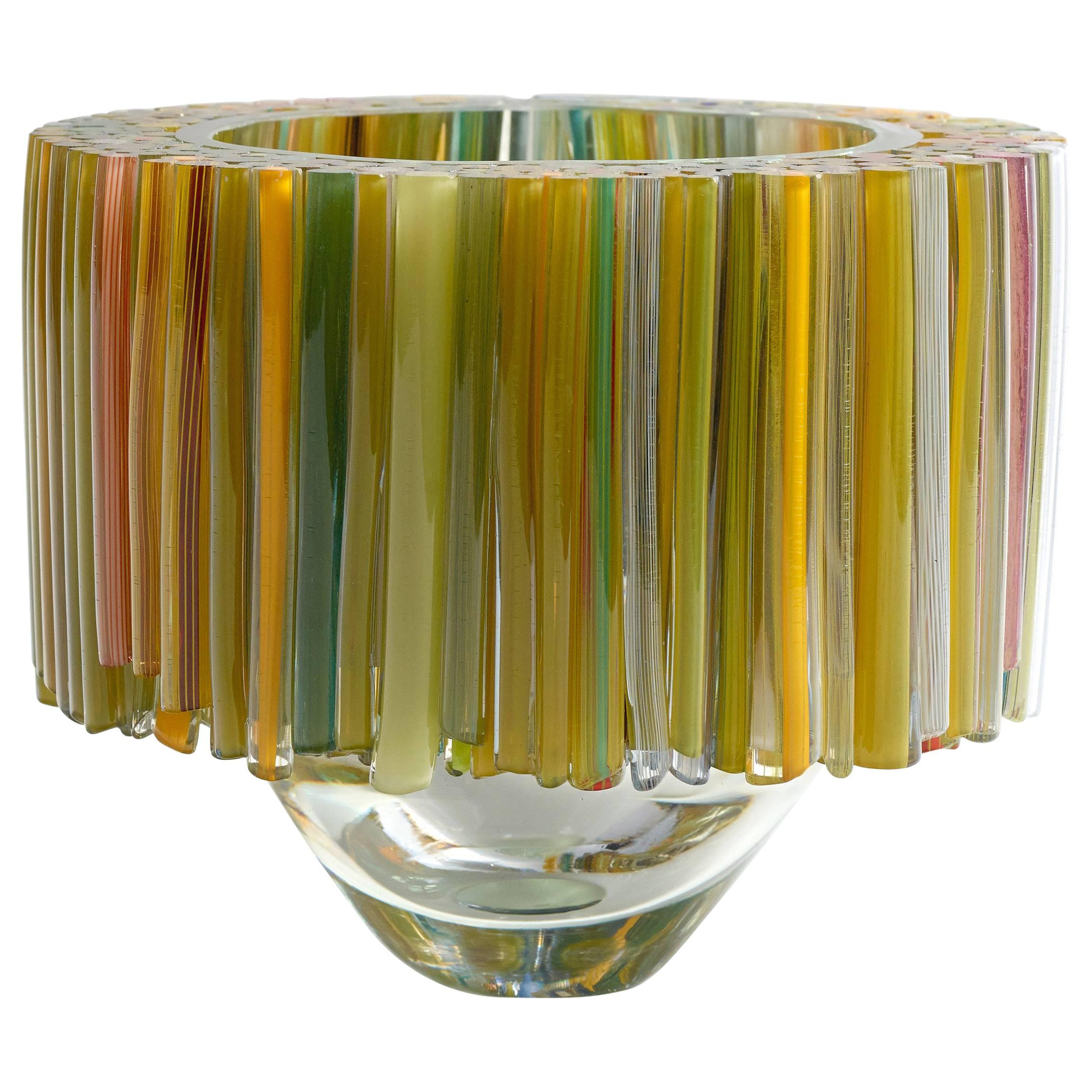 Clear Blown Glass Bowl with Green and Yellow Glass Threads by Sabine Lintzen For Sale