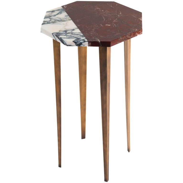 Octagonal Cocktail Table with Red and White Marble Top and Tapering