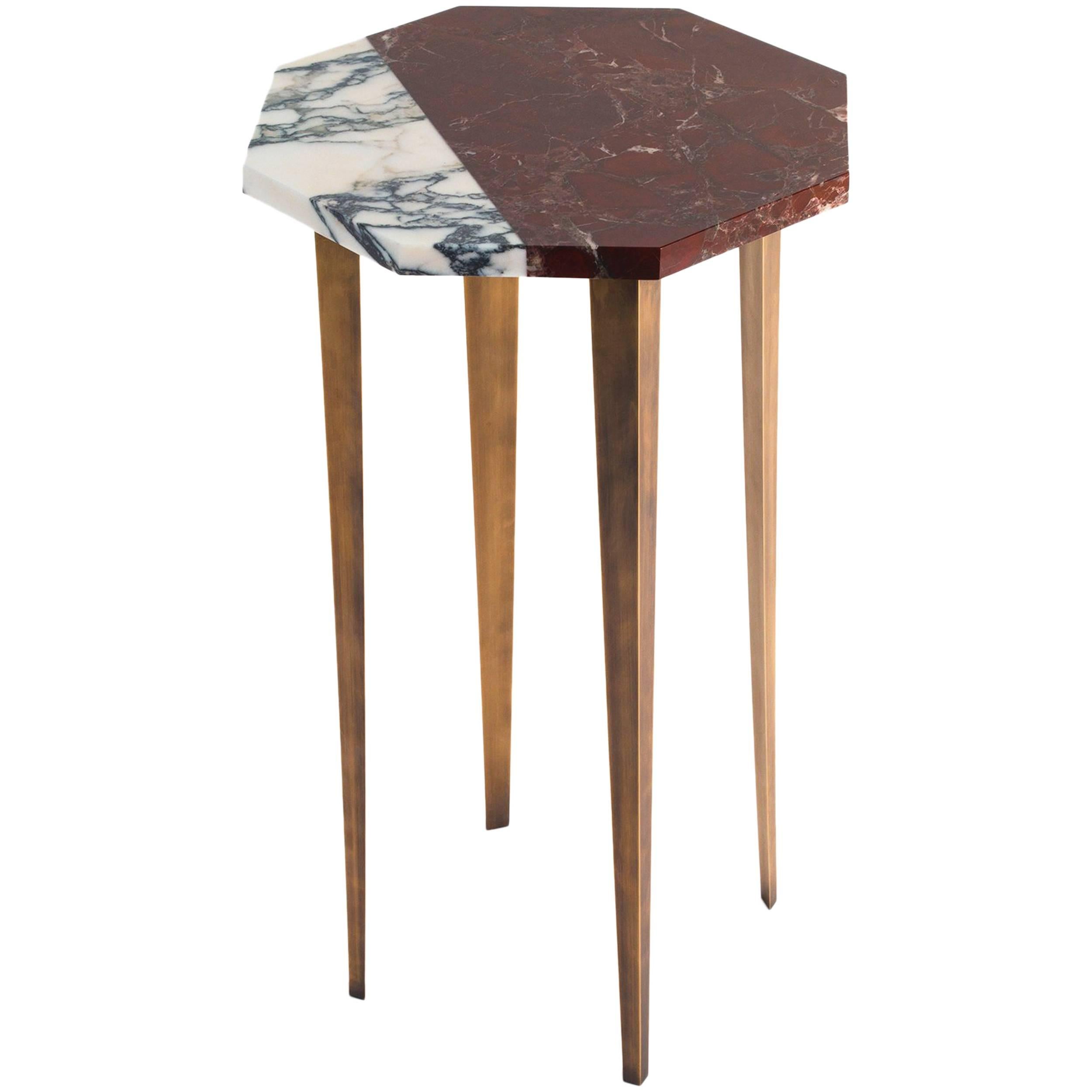 Octagonal Cocktail Table with Red and White Marble Top and Tapering Brass Legs