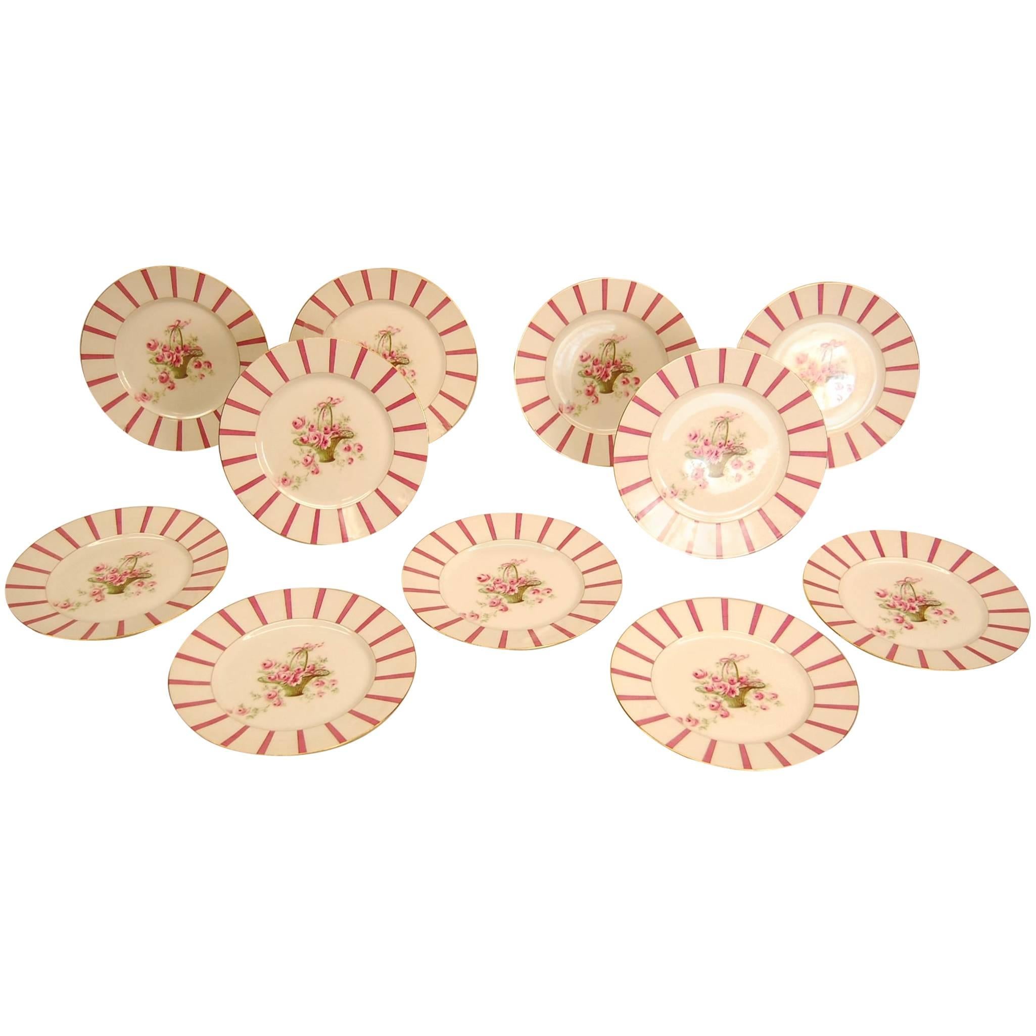 Set of 11 Limoges Martin Porcelain Dinner Plates with Pink Roses and Edge Design