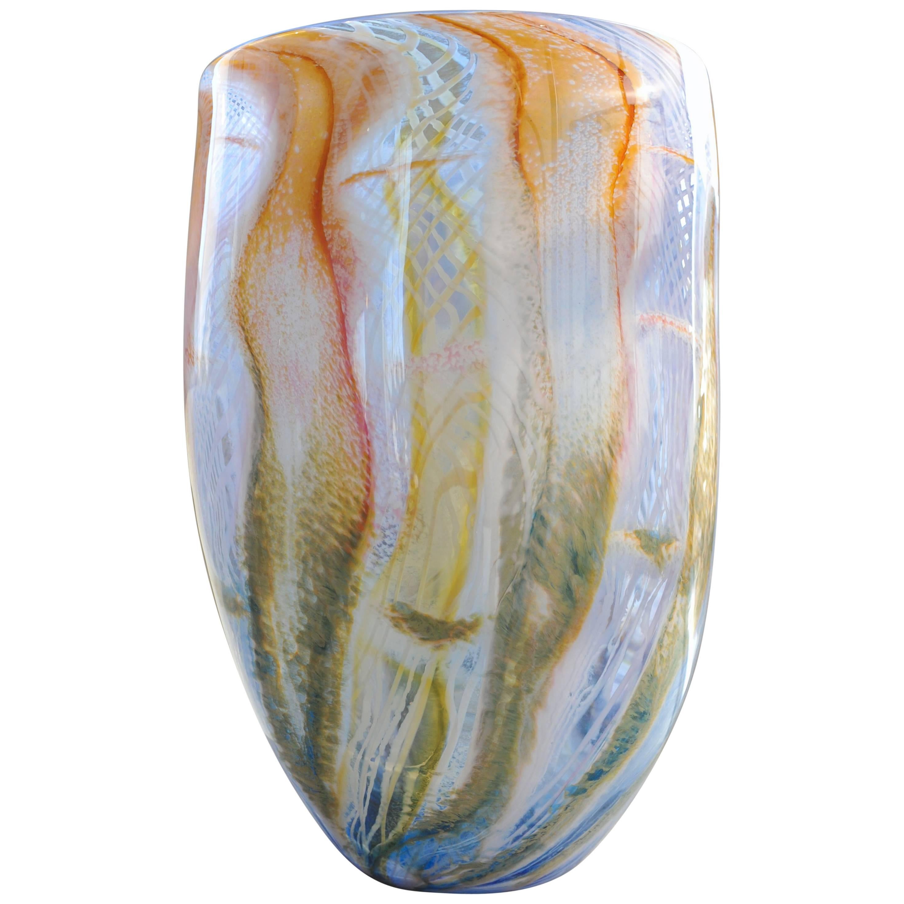 Large Blown Glass Vase W. Colorful Pattern in White, Orange, Red, Purple, Yellow For Sale
