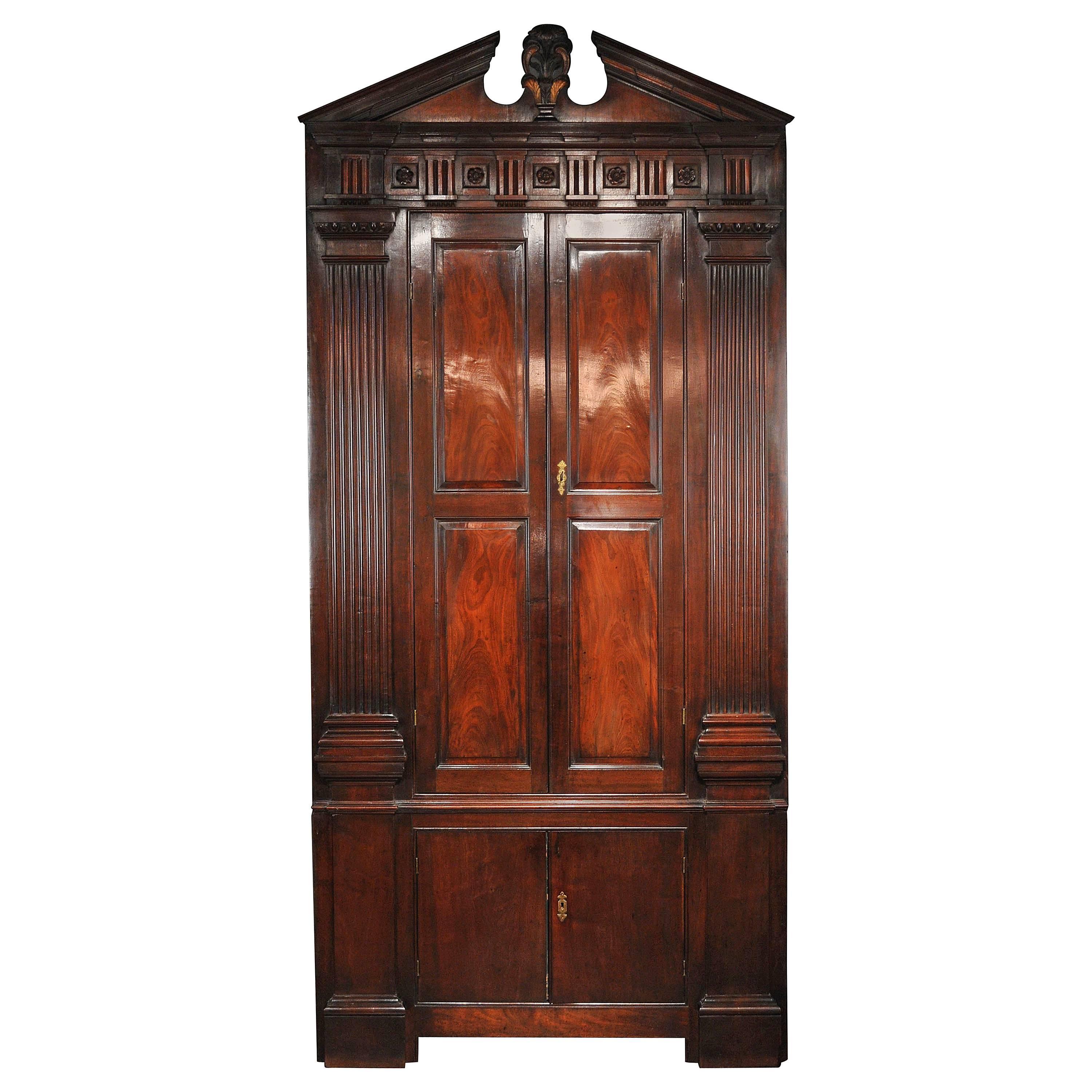George II period early 18th Century Architectural Cuban Mahogany Corner Cupboard For Sale