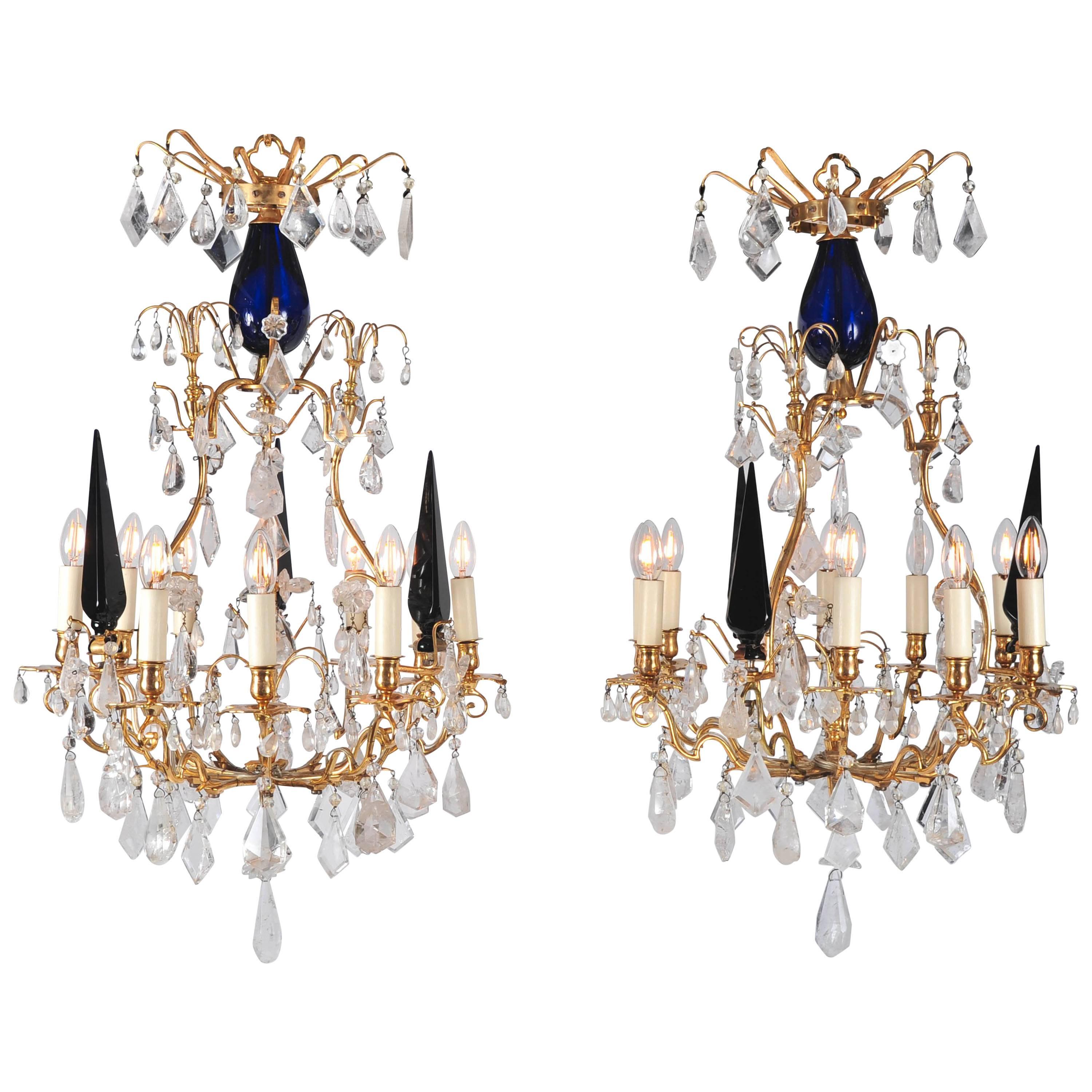 Pair of 20th Century Rock Crystal and Blue Glass Chandeliers