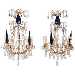 Pair of 20th Century Rock Crystal and Blue Glass Chandeliers