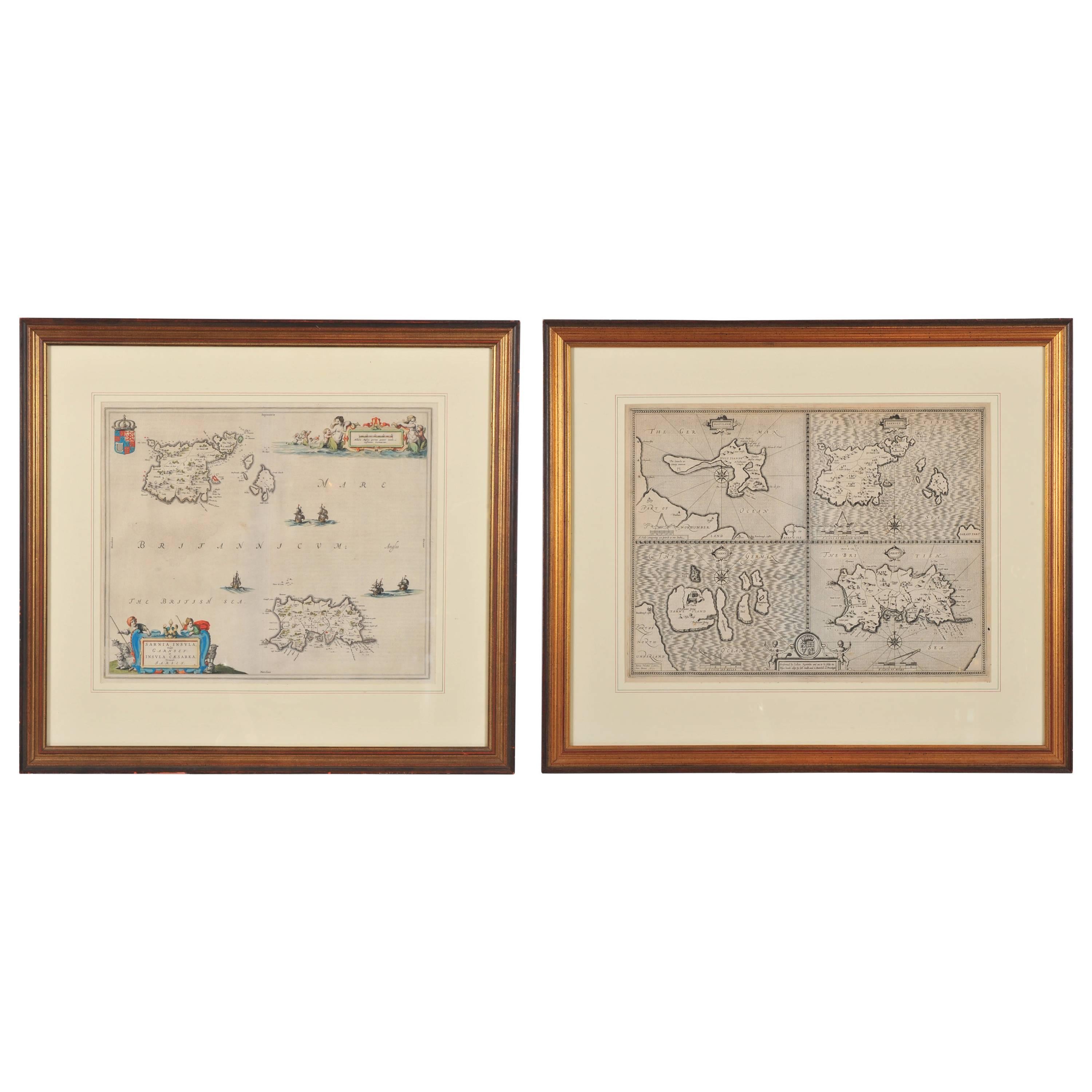 Two 17th Century Maps Showing Guernsey, Jersey, Farne and Holy Island For Sale