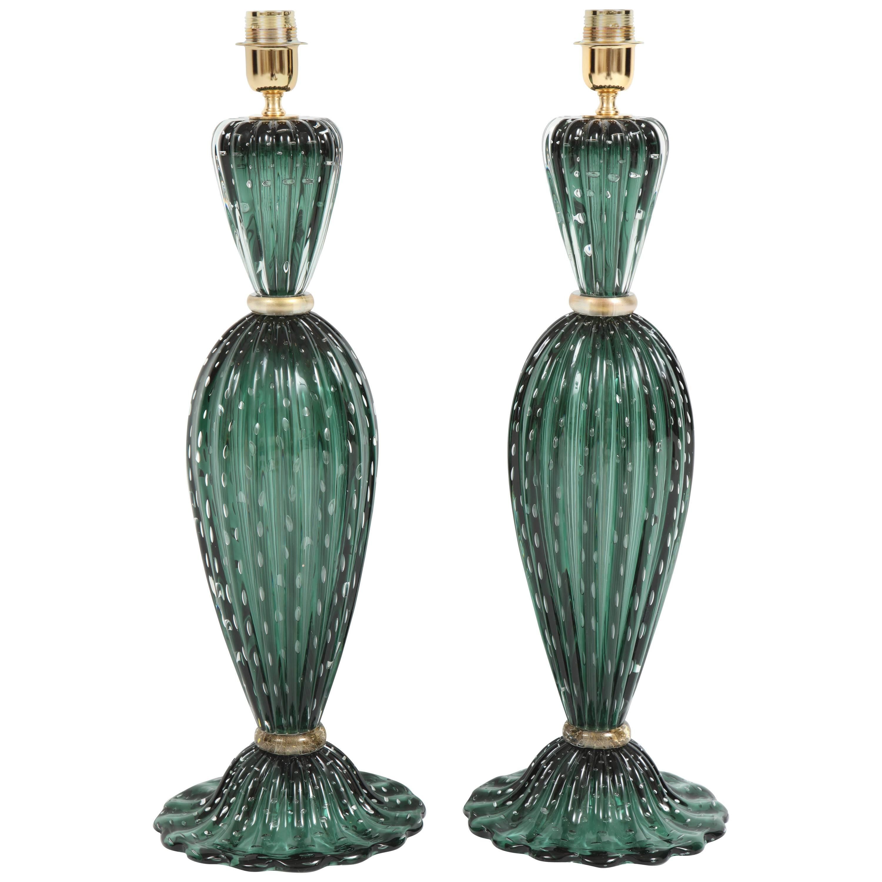 Rare Pair of Tall Italian Handblown Emerald Green Murano Glass Lamps