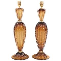 Pair of Tall Italian Handblown Murano "Pulegoso" Bronze and Gold Lamps, Signed