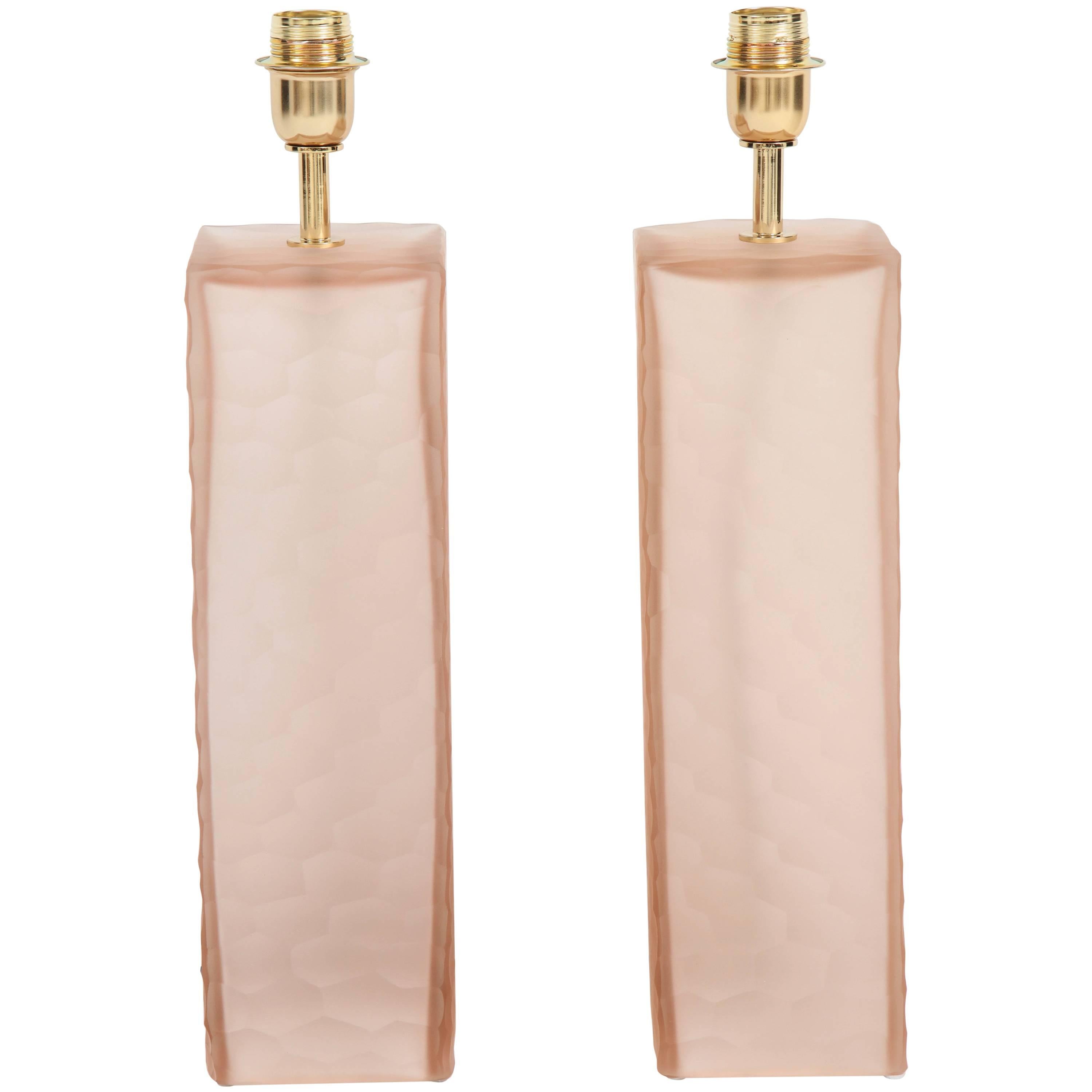 Pair of Italian Blush Pink Solid Murano Glass Textured Block Lamps at