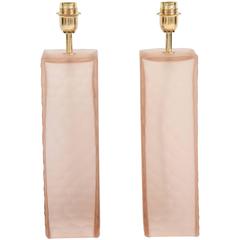 Pair of Italian Blush Pink Solid Murano Glass Textured Block Lamps