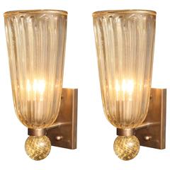 Pair of Italian Gold Infused Murano Glass and Brass Sconces 6