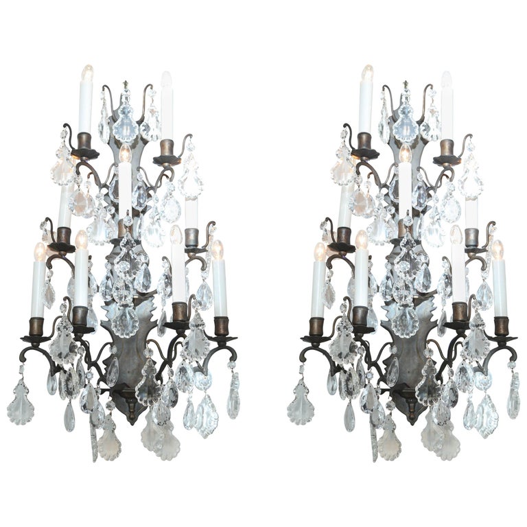 Pair of Vintage Iron and Crystal Wall Sconces For Sale at 1stDibs