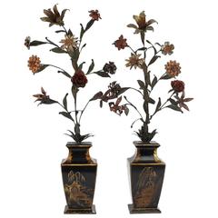 Pair of Antique Tole Peinte Flower Bouquets in Chinoiserie Urn Bases