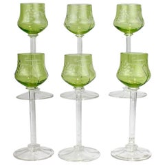 Set of Six Green Antique Etched Jugendstil Moser Style White Wine Glasses