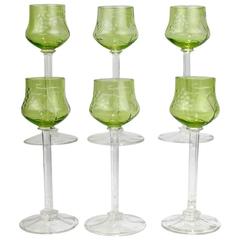 Set of Six Green Antique Etched Jugendstil Moser Style White Wine Glasses 1