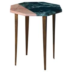 Octagonal Side Table with Green and Pink Marble Top and Tapering Brass Legs