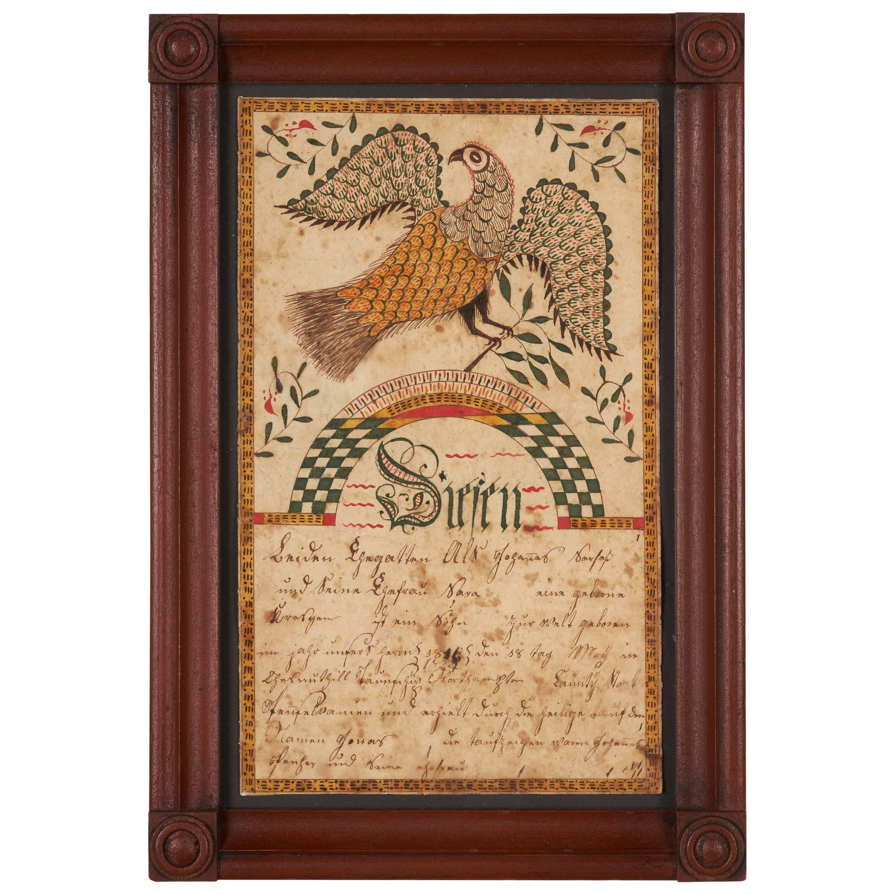 Pennsylvania Fraktur Drawing of a Spread Wing Eagle For Sale