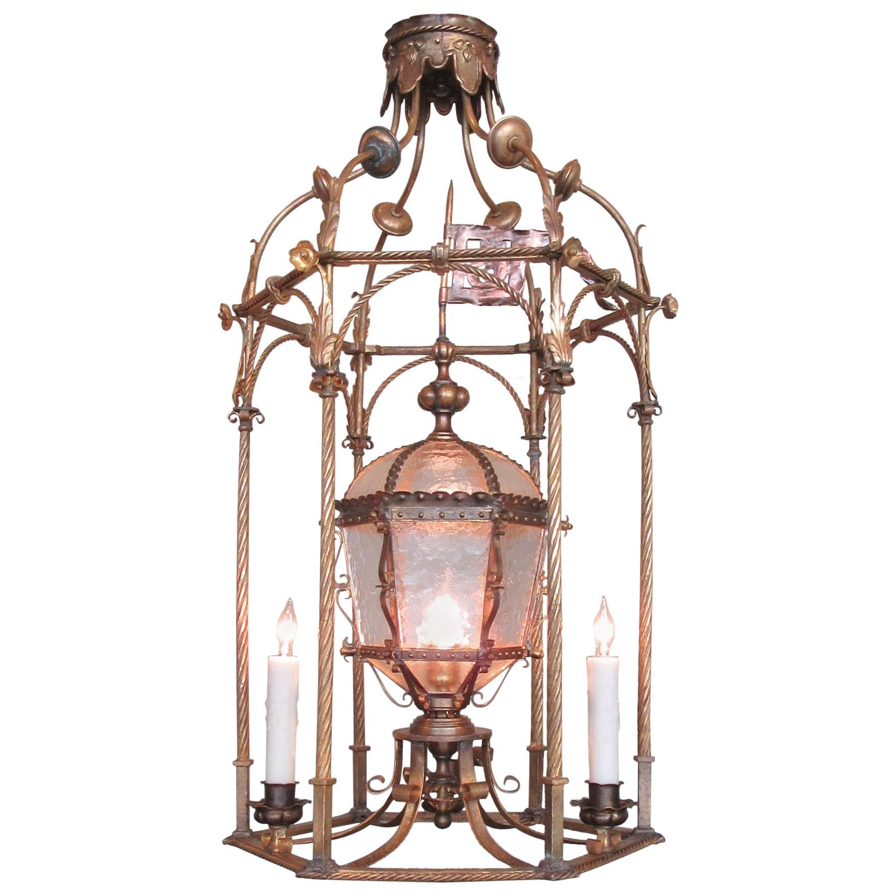 19th Century Italian Venetian Gilt Tole Lantern with Oil Lamp