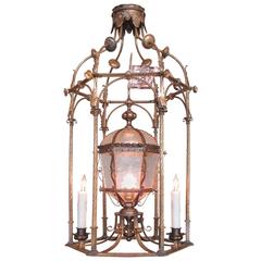 Antique 19th Century Italian Venetian Gilt Tole Lantern with Oil Lamp