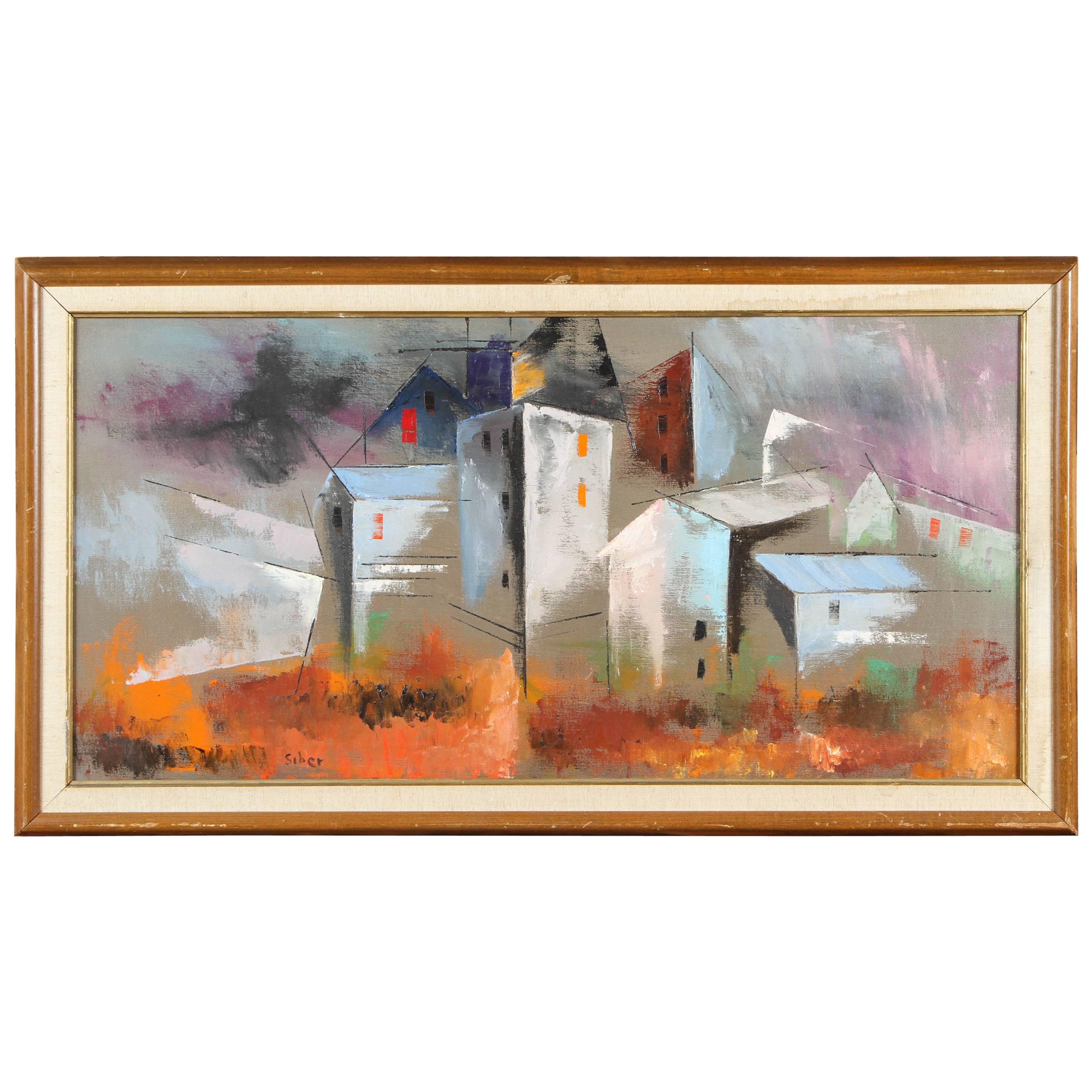 Vintage Cubist Architectual Oil Painting by Siber For Sale