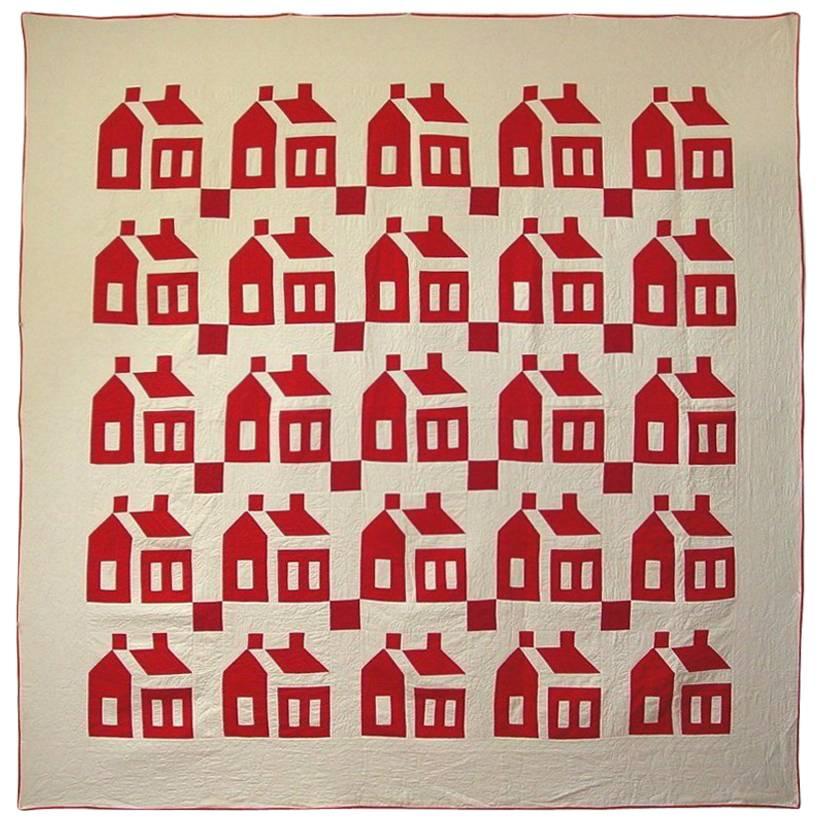 White and Red Schoolhouse Quilt with Crisp Houses For Sale