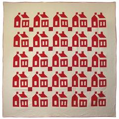 White and Red Schoolhouse Quilt with Crisp Houses