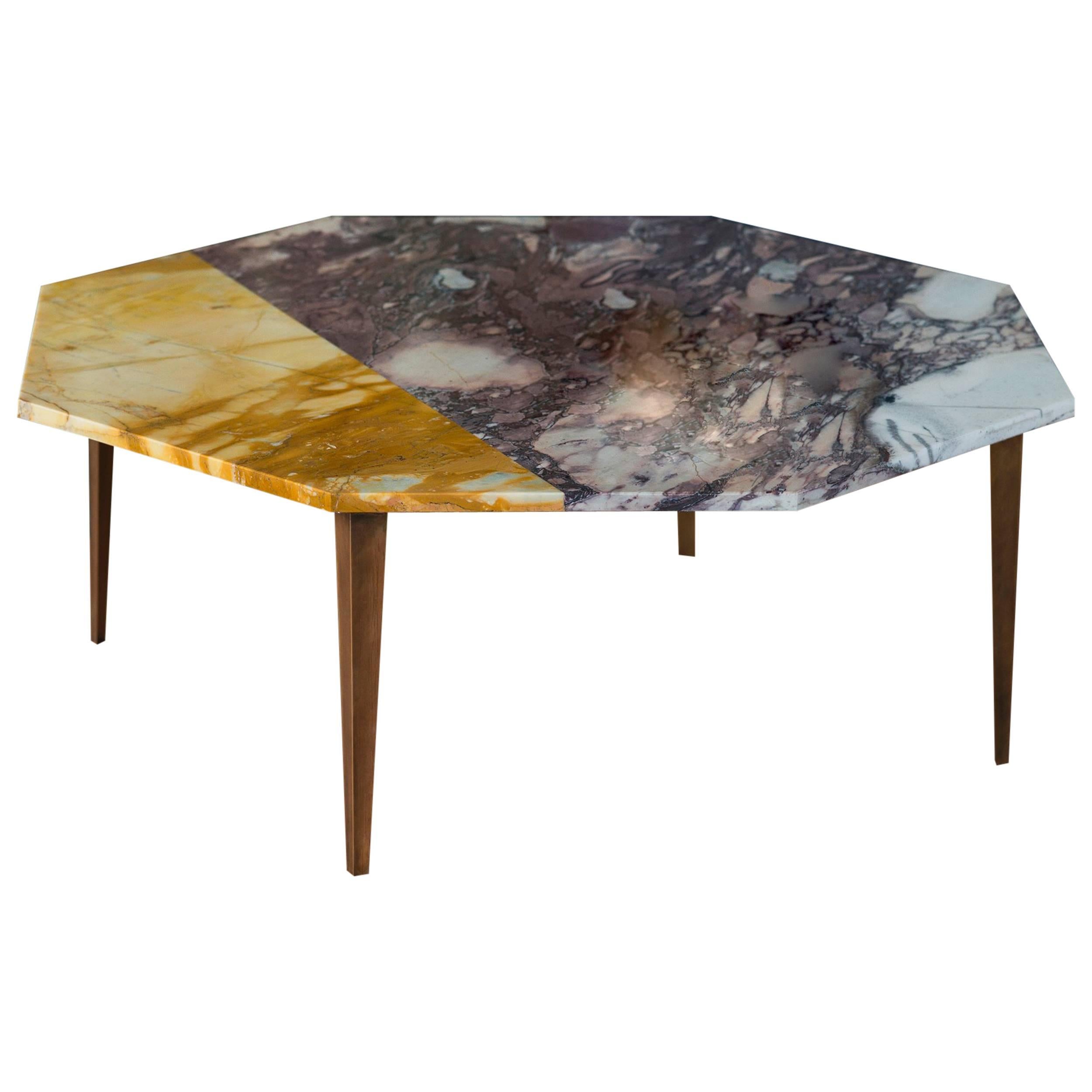 Octagonal Side Table with Violet and Yellow Marble Top and Tapering Brass Legs