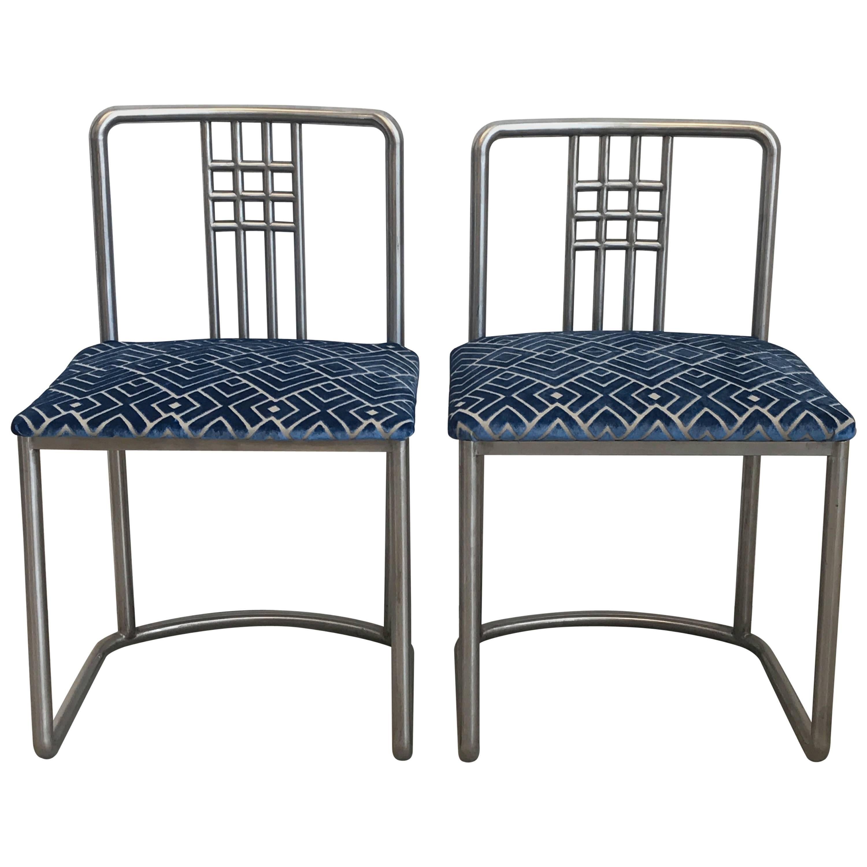 1970s Frank Lloyd Wright Style Stainless Steel Chairs with Blue Velvet, Pair
