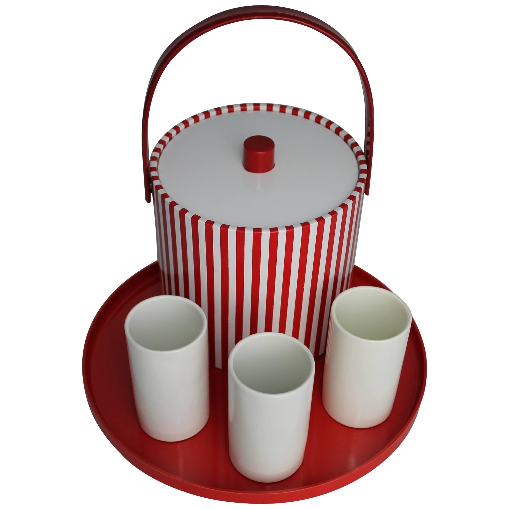Beverage Set Combo Red and White Ice Bucket Tumblers Tray, Mid-Century Modern