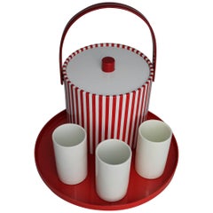 Vintage Beverage Set Combo Red and White Ice Bucket Tumblers Tray, Mid-Century Modern