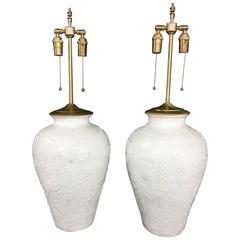 Pair of Large Nicely Detailed Glazed Pottery Urns with Lamp Application 8