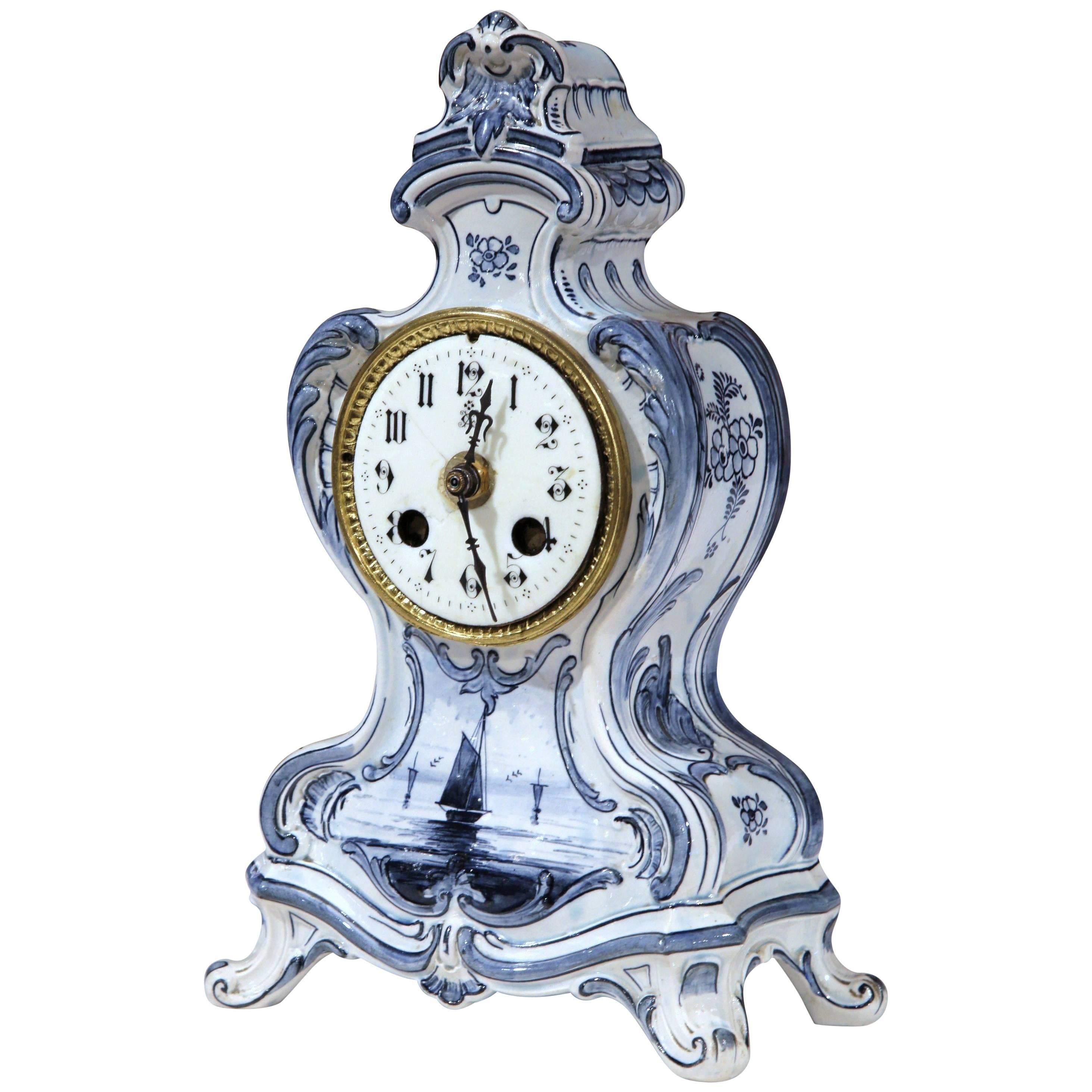 19th Century French Blue and White Hand-Painted Desk or Mantel Delft Clock
