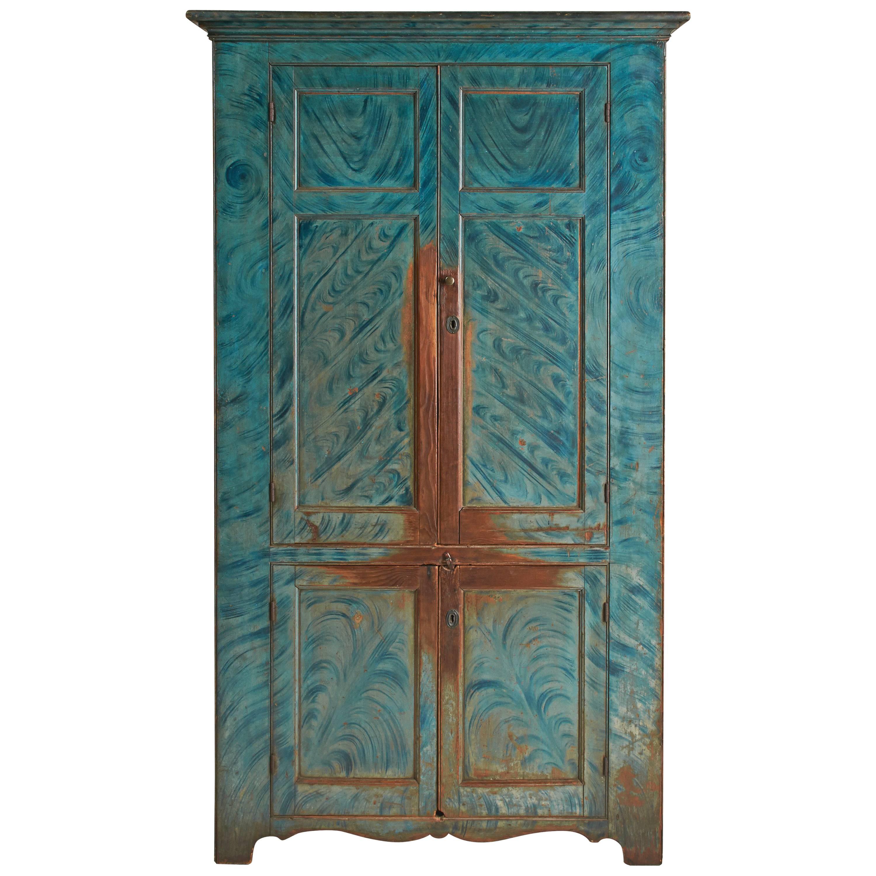 Blue Paint-Decorated Four-Door Cupboard For Sale