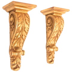 One Pair of Gilt Cast Wall Brackets Having a Rectangular Shelf