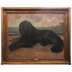Large 19th Century Oil Painting on Canvas of a Newfoundland Dog