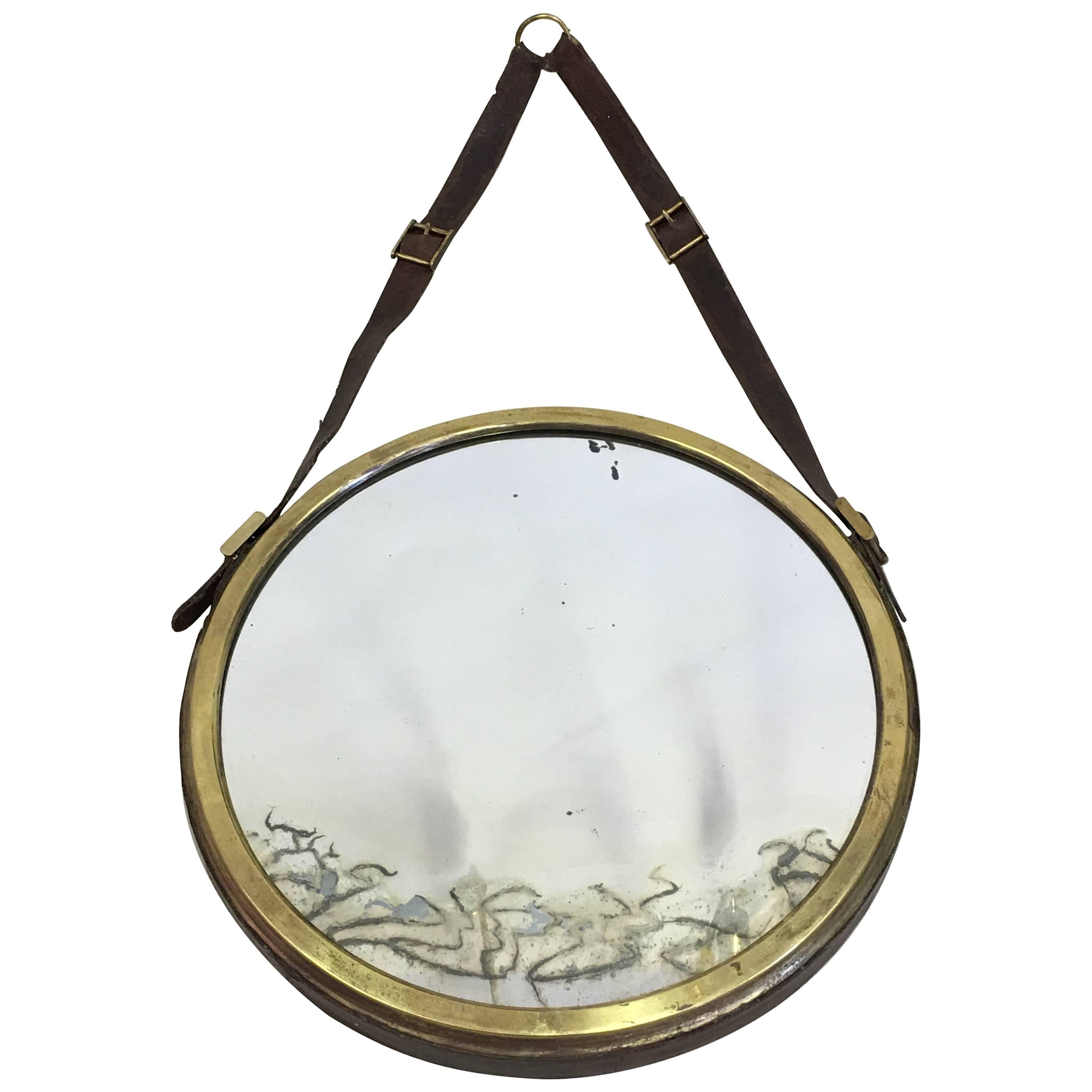 French Mid-Century Modern Neoclassical Leather Wrapped Mirror, Jacques Adnet For Sale