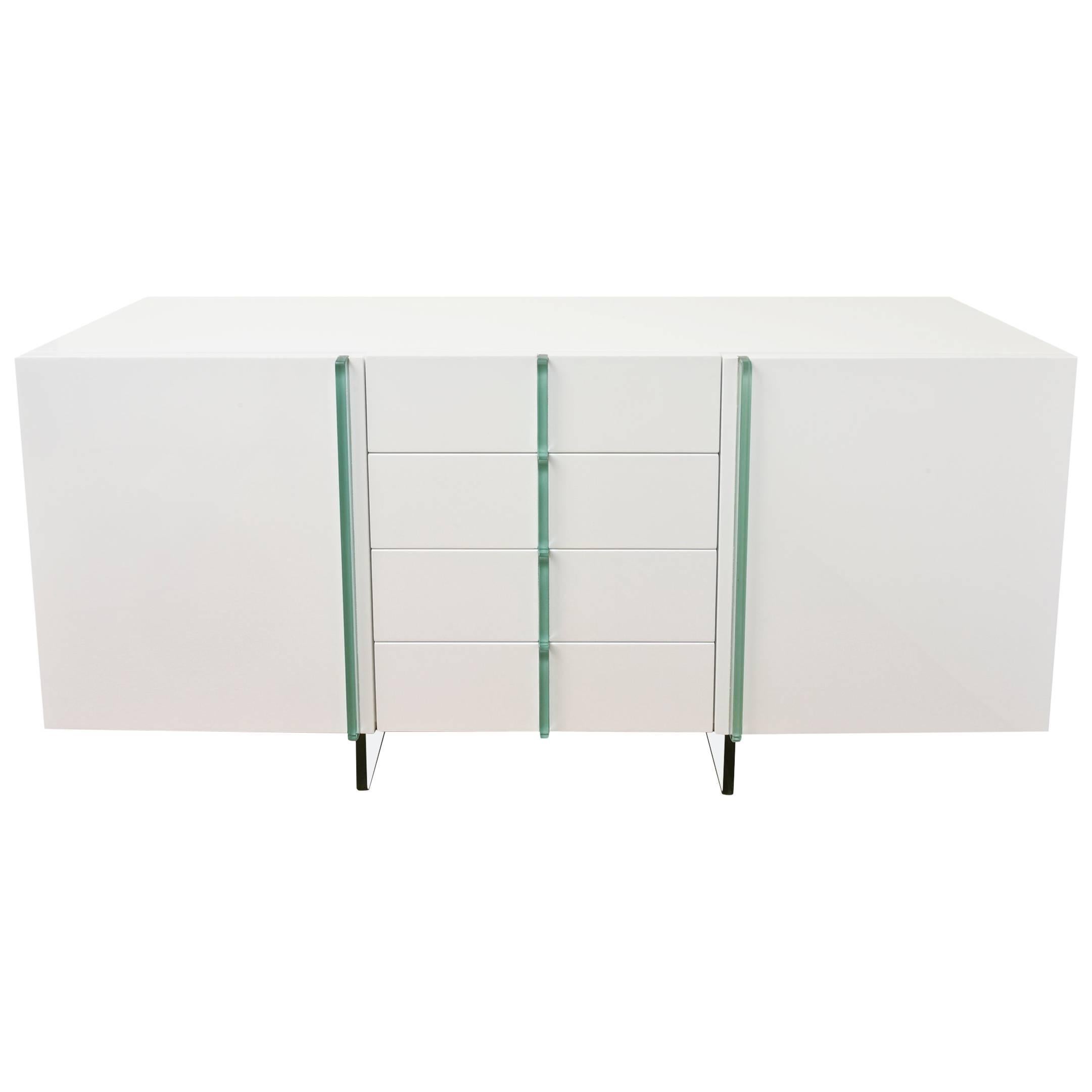 Vintage White Lacquered Wood and Glass Cabinet, Buffet or Console