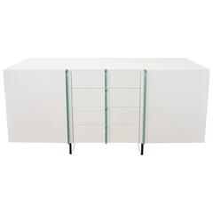 Vintage White Lacquered Wood and Glass Cabinet, Buffet or Console