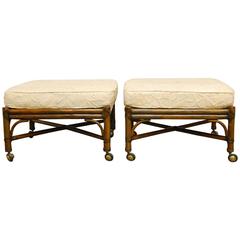 Pair of McGuire Bamboo Rattan Ottomans with Cushions